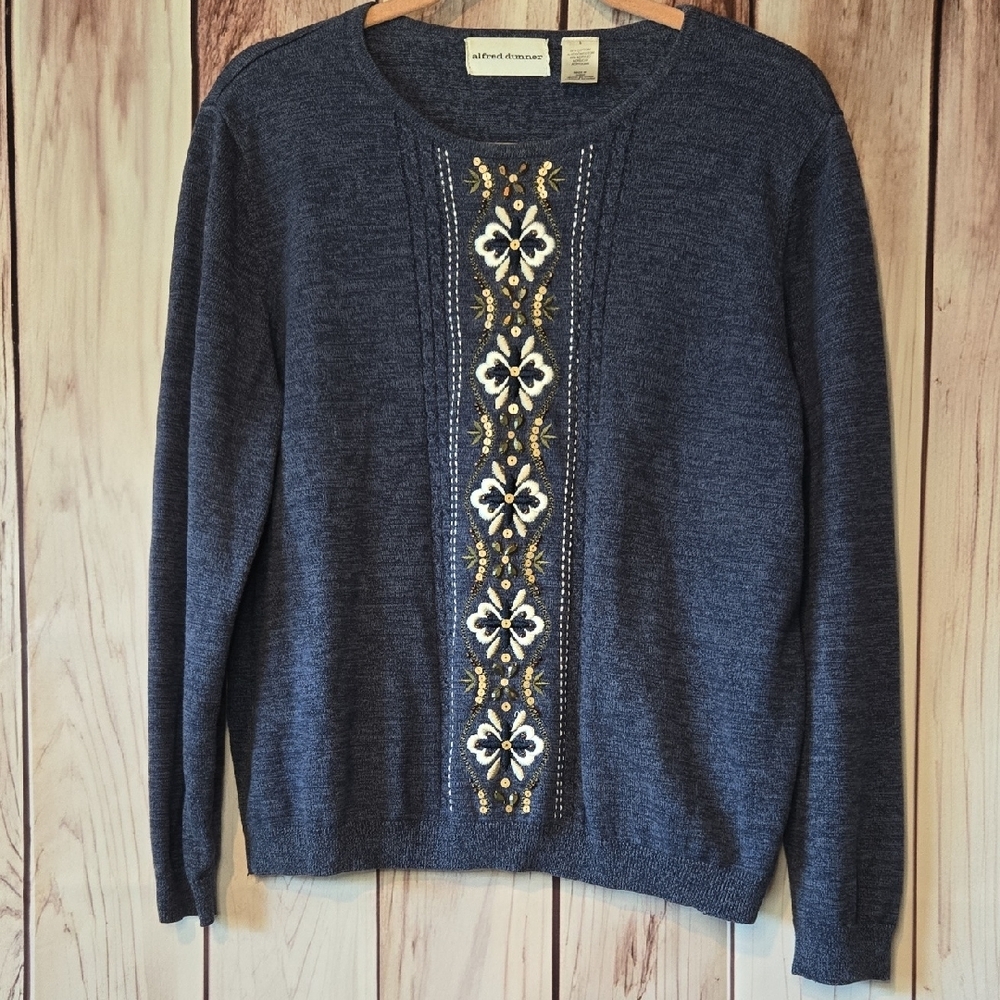 Alfred Dunner Large Dark Blue Sweater Gold Beads White Floral Decor Grandmacore